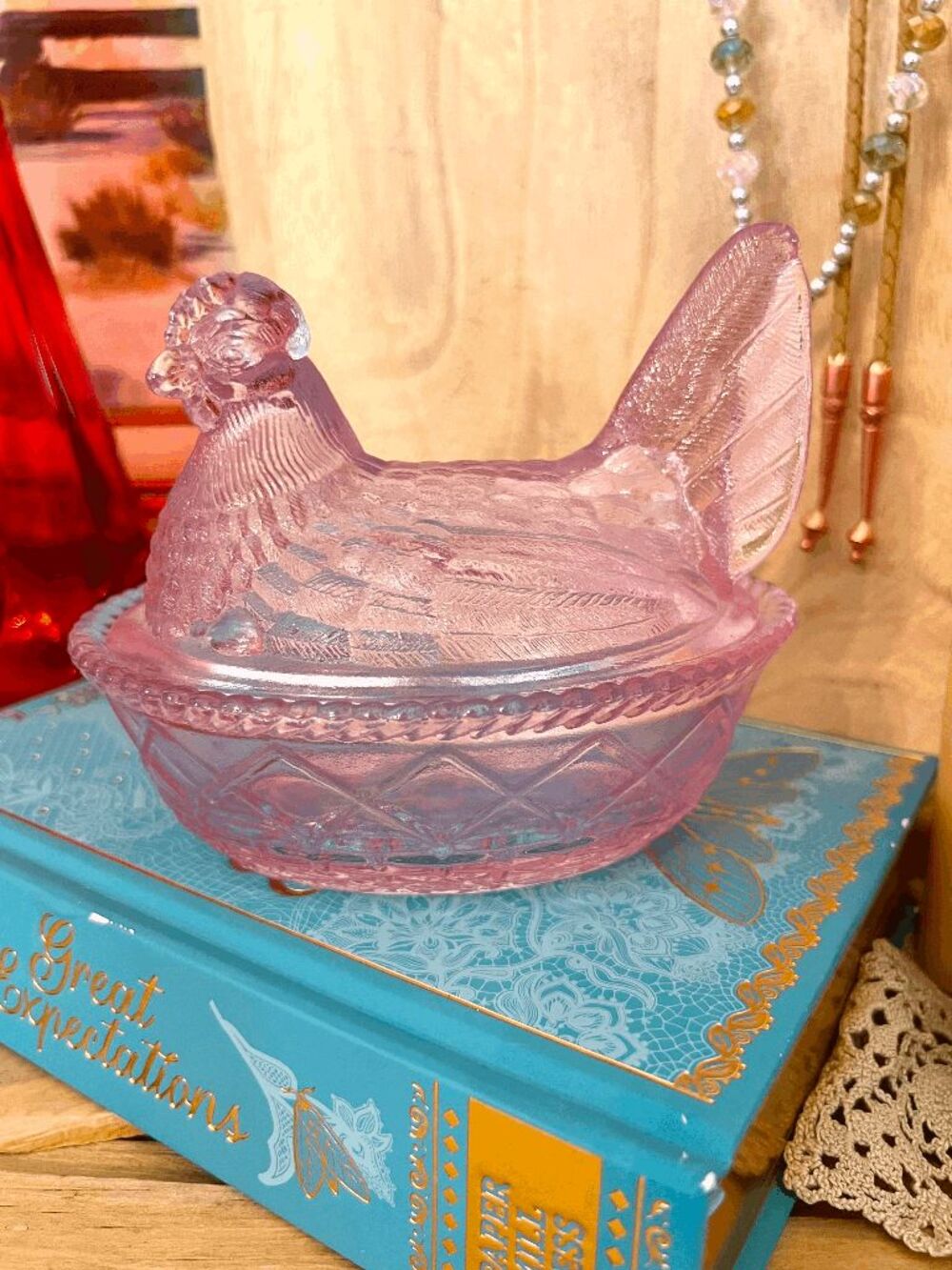 Mosser Glass Pink Hen on Nest Covered Dish – Westmoreland Cross-Bottom Mold – Vi